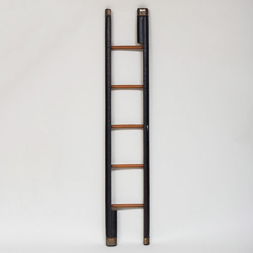 English Brass Studded Leather and Mahogany Folding Library Ladder