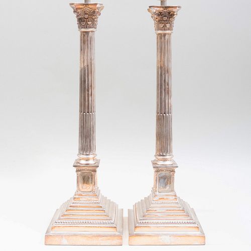Pair of Large Silver Plate Corinthian Columnar Lamps