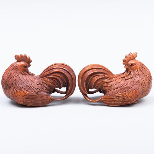 Chinese Carved Boxwood Models of Roosters