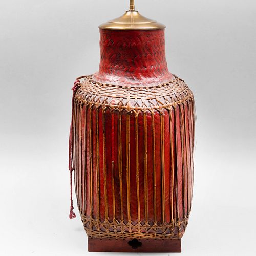 Japanese Red Lacquer Basket Mounted as a Lamp