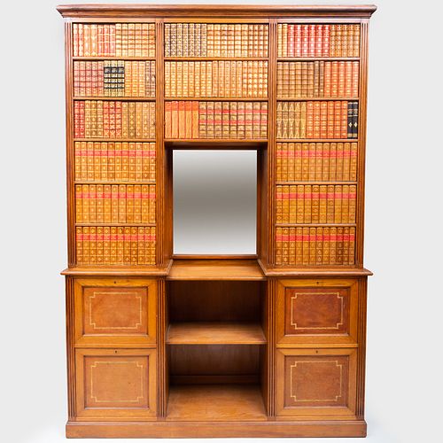 Unusual English Oak Library Cabinet with Faux Leather Books