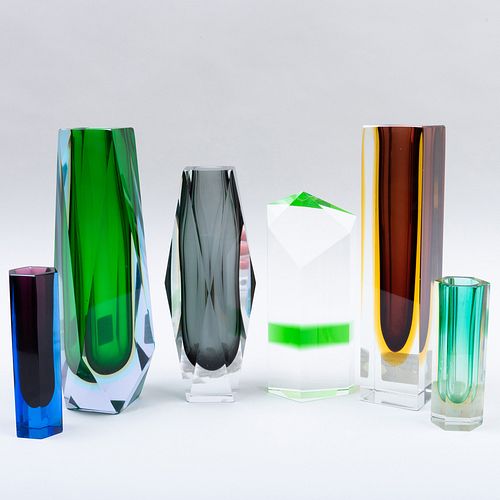 Group of Five Murano Cased Glass Vases and a Prism