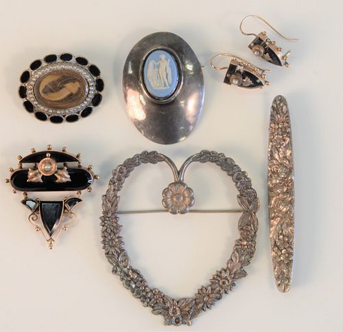 Seven Piece Lot to include three piece Victorian brooch and earring set along with hair brooch and three silver brooches one marked Stieff