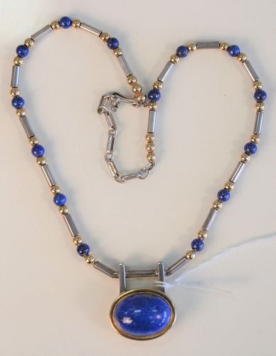 Sterling and 14 Karat Gold, Silver, Lapis Necklace monogrammed FPT, maker Frank Patania, Jr. length 18 inches