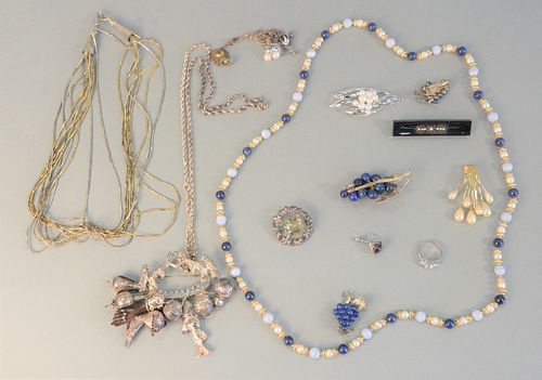 Group of jewelry, silver and costume including seven necklaces, one 3 piece set with lapis grapes, silver pin, etc.
