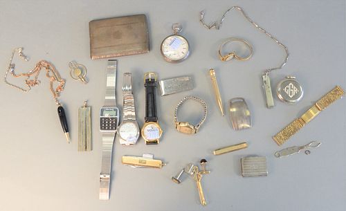 Large group lot to include;
Sterling Silver Cigarette Case
along with small box, money clip and belt buckle
5.6 t.oz. 
along with a silver pocket watc