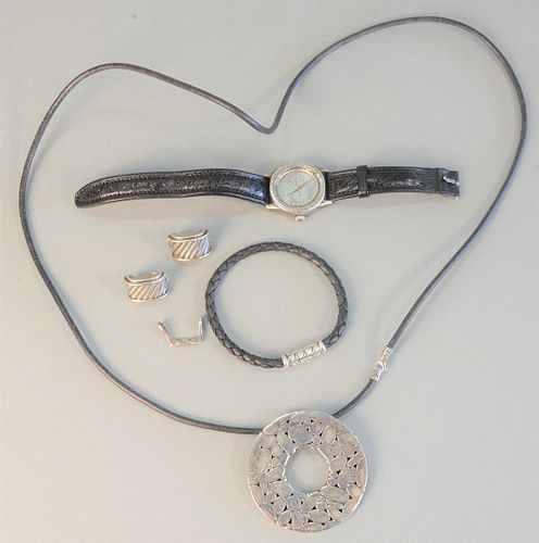 Four piece silver lot to include John Hardy wristwatch; David Yurman leather bracelet with silver mounts; pair David Yurman earrings along with sterli