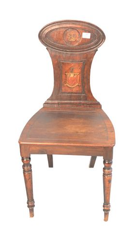 Regency Mahogany Side Chair
19th Century
having shaped, paneled back, painted with a monogram and coat of arms, above a paneled seat, raised on ring-t
