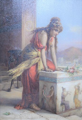 Diana Coomans (Belgian, 1861 - 1952)
Mediterranean Maiden, 1891
oil on panel
signed, dated, and inscribed along the lower edge: Diana Coomans, 1891
10