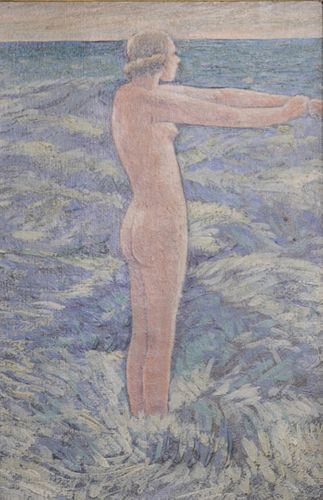 Nude Bather Standing Waves
oil on board
unsigned, marked June 13, 1921 on back
similar to Child Hassam