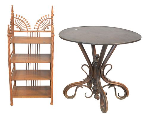 Two Piece Lot to Include Bentwood Round Center Table
along with a stick and ball four-tier shelf
height 30 inches, diameter 33 inches
Provenance: Thir