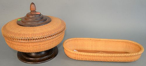Nantucket Basket two piece lot to include one covered basket and one long basket, each signed Nathan Wheeler, height 11 inches, largest width 13 inche