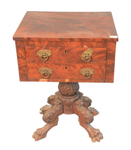 Federal Mahogany Two Drawer Stand c. 1830on carved pedestal base on four carved paw feet veneer chips height 29 1/2 inches, top 18" x 21 1/2"Provenanc