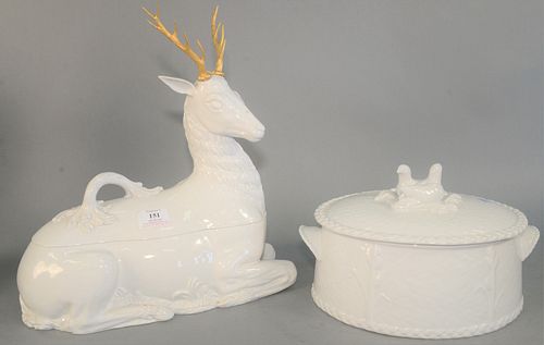 Two Large Porcelain Piecesto include a Royal Worcester covered dish with bird motif, along with a Mottahedeh porcelain stag tureen each marked to the 