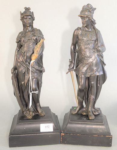 Pair of Greek Goddess Bronze Figures
man holding a sword, and woman holding wreath, standing on granite bases
total height 16 1/4 inches