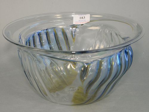 Large Peter Bramhall Glass Bowl
with blue and yellow glass 
signed on the underside
height 6 inches, width 10 1/2 inches
Provenance: The Estate of Dia