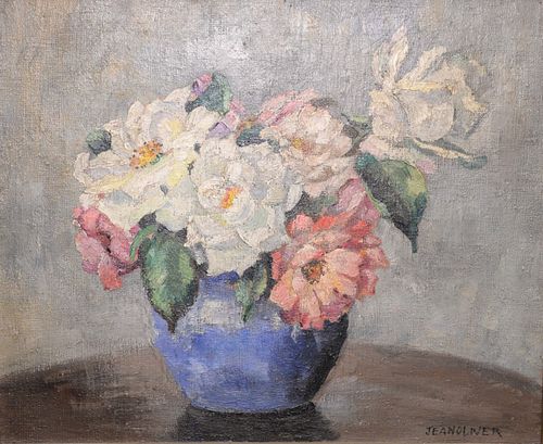 Jean Oliver (American, 19th Century)
floral still life (reverse painted with a female portrait)
oil on canvas
signed lower right
14 1/2" x 17"
Provena