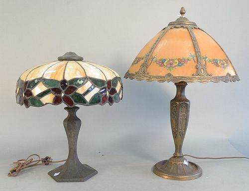 Two Table Lamps
to include small table lamp having six reverse painted panels
height 22 2/1 inches, diameter 16 inches
along with leaded glass lamp
he