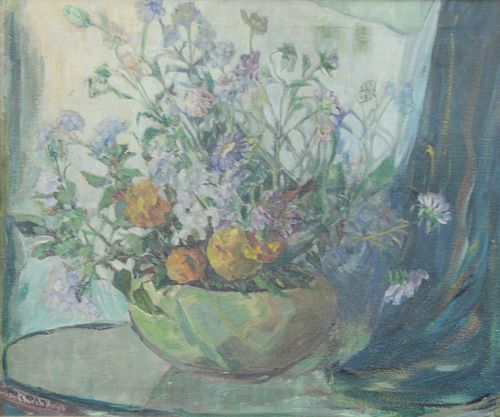 Vivian Church Hoyt (American, 20th Century)
peonies
oil on canvas
signed lower left
20" x 24"
Provenance: Matthes-Theriault Collection, Woodbridge, Co