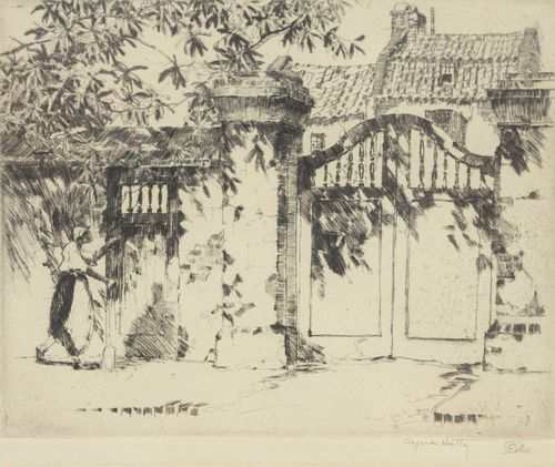 Alfred Hutty (1877 - 1954)
Bishop Gate, South Carolina
etching on paper
with snail
pencil signed lower right Alfred Hutty 
5 3/4" x 7"