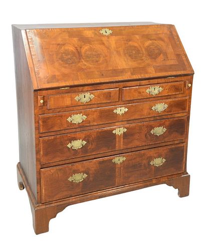 George III slant lid desk, inlaid, walnut veneered opening to fitted interior, height 43 inches, width 39 inches