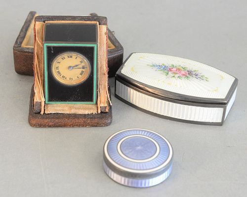 3 enameled pieces to include;
a white enameled box with flowers with gold decoration hallmarked inside; 
small blue and white round enameled box;
and 
