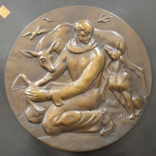 Laci De Gerenday (American, 1911 - 2001)
wall mount of Saint Francis of Assisi surrounded by animals
bronze with brown patina
signed lower right, stam
