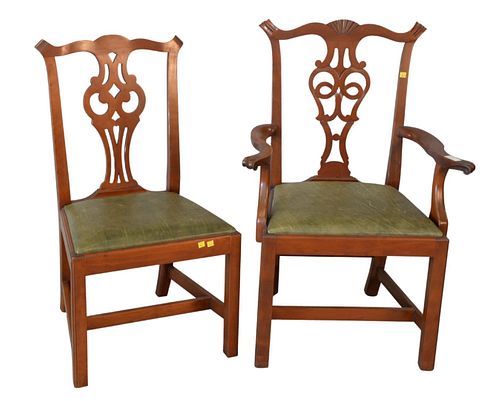 Set of Ten Custom Cherry Chippendale Style Dining Chairs
to include two arm and eight side
all with dark green leather seats
height 39-1/4"