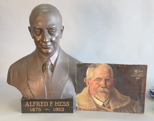 Two piece lot to include: 
Alexander Finta (Hungarian/American, 1881-1958), bronze bust of Alfred F. Hess (1875-1933), signed and dated '1934' on the 