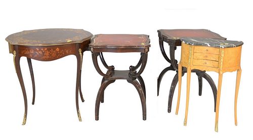 4 piece group to include a pair of Leathertop tables, small French stand, width 20 inches, and a Marquentry inlaid table