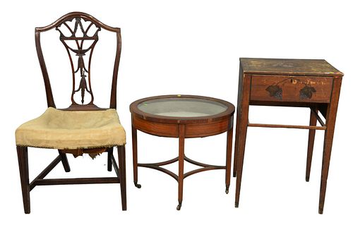 Three Piece Lot 
to include Federal paint decorated work table
height 30 inches, top: 15" x 18"
(no drawer)
along with Hepplewhite side chair and smal