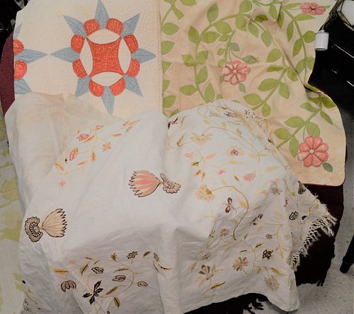 Group of Five Quilts, one embroidery on linen, plus four small oriental mats and doilies, all with wear Provenance: The Estate of Diana Atwood Johnson