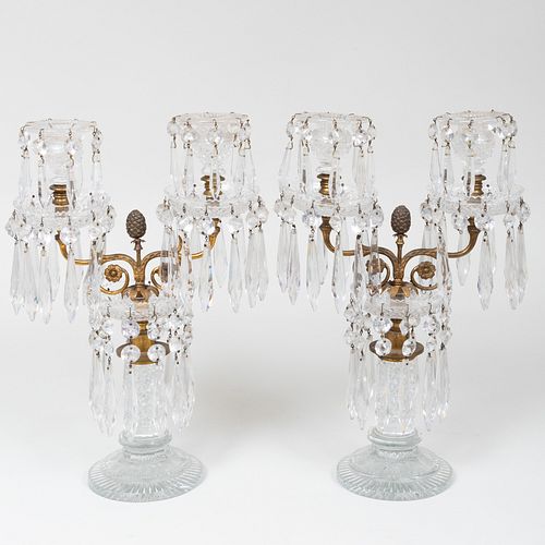 Pair of American Gilt-Metal-Mounted Cut Glass Two-Light Candelabra