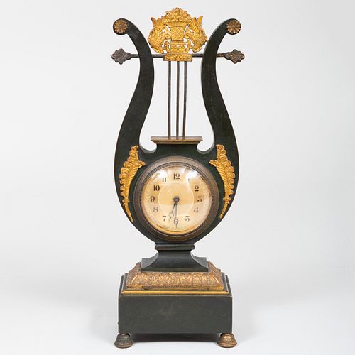 Small Late Federal Patinated Gilt-Bronze Lyre Form Mantel Clock