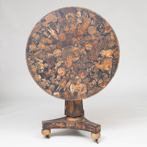Rare Classical Painted and Decoupaged Tilt-Top Center Table