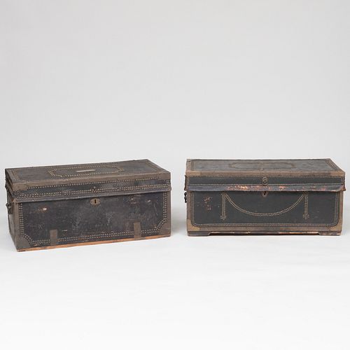 Group of Three Brass-Studded Trunks, One with Makers Label of Robert Burr and Deborah Foby, N. Bedford