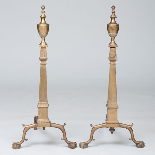 Pair of Federal Style Tall Brass Urn Top Engraved Andirons