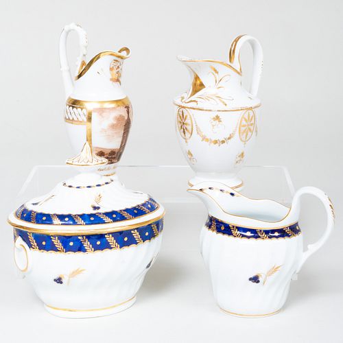 English Porcelain Cream Jug and Sugar Bowl and Two Paris Porcelain Cream Jugs