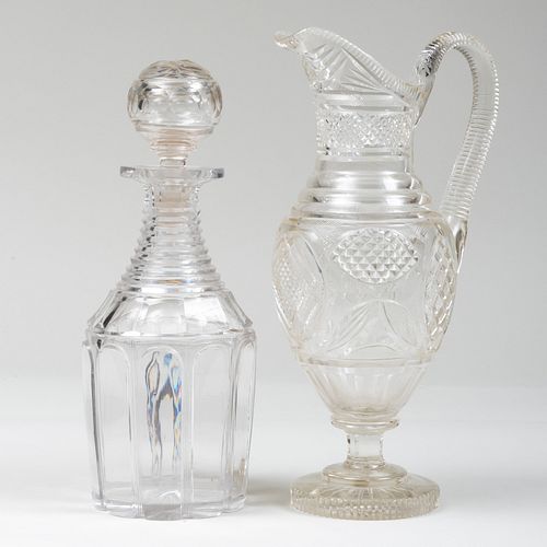 Cut Glass Decanter and Stopper and a Cut Glass Ewer