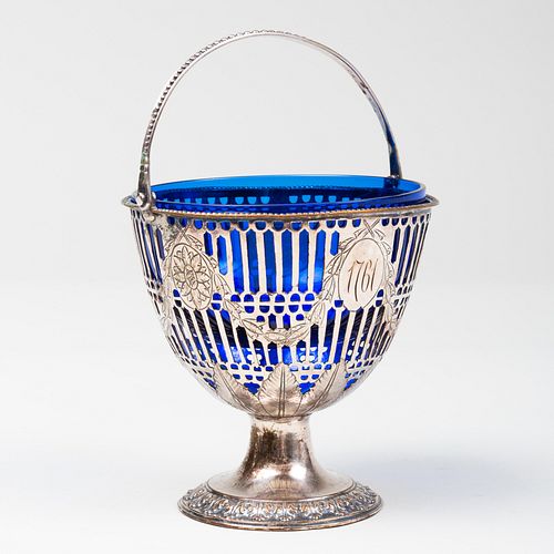 Sheffield Plate Basket with Swing Handle and Blue Glass Liner