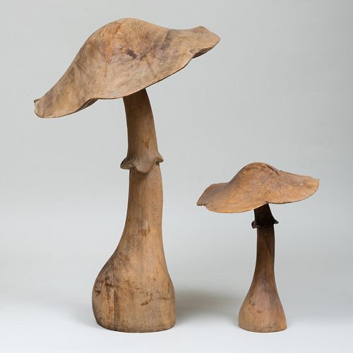 Two Carved Wooden Mushrooms