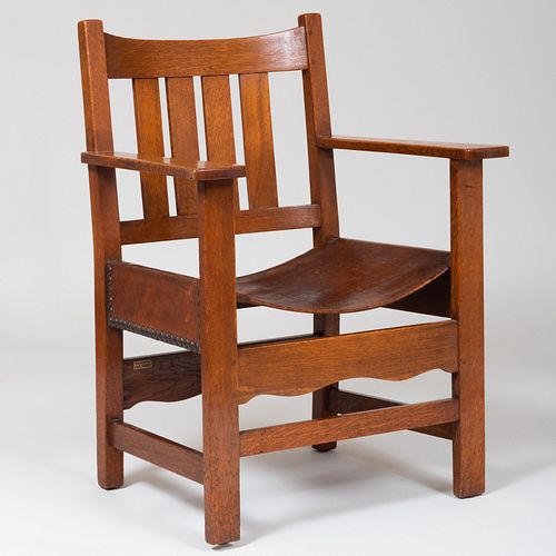L & J.G. Stickley Oak and Leather Armchair