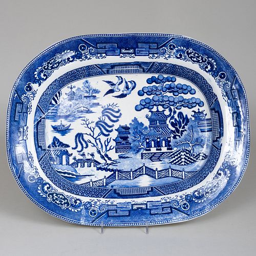Large English Blue and White Platter in the 'Blue Willow' Pattern