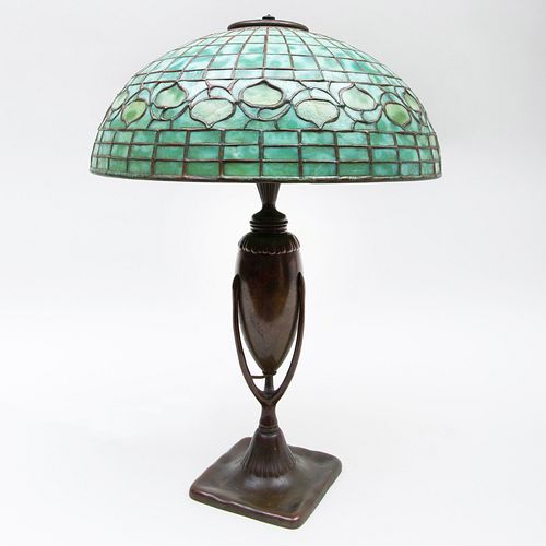 Tiffany Studios Patinated Bronze Urn Form Lamp Base and a Leaded Glass 'Acorn' Shade