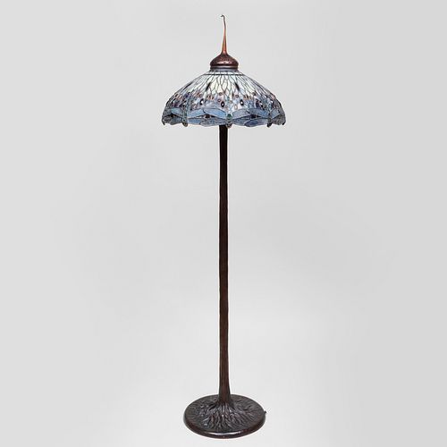 Tiffany Style Leaded Glass 'Dragonfly' Shade and a Faux Bois Bronze Base