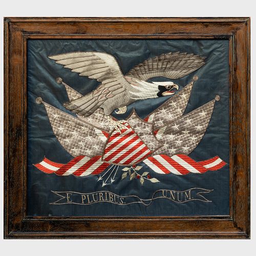 Japanese Export Embroidered Eagle and Flags Picture 