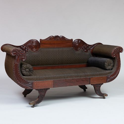 Classical Brass-Inlaid Carved Mahogany Sofa