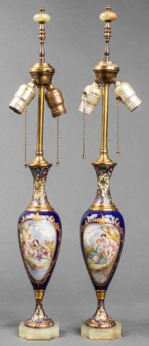 Sèvres Style Porcelain Champlevé & Onyx Lamps, Pr