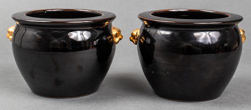Chinese Parcel Gilt Black Ceramic Cachepots, Pair