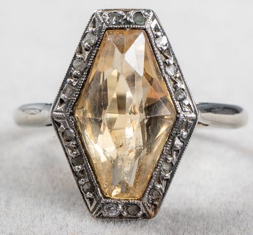Art Deco 18K White Gold Citrine & Diamond Ring